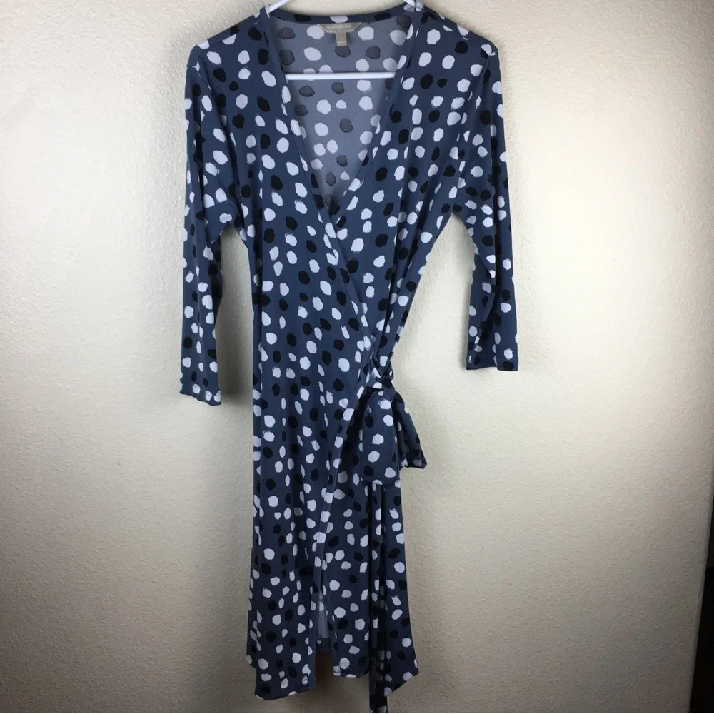 Banana Republic Wrap Dress Gray Black White Polka Dot Stretch 3/4 Sleeve Size S - Picture 9 of 13